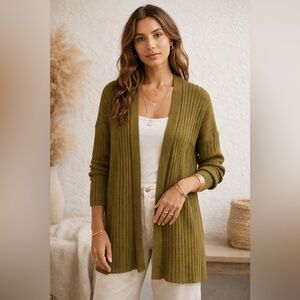 Maeve by Anthropologie Olive Ribbed Open Front Cardigan Medium Boho Minimalist